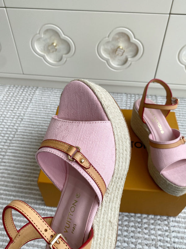 LV Pink Denim Wedge Sandals 7.5cm Pink Sheepskin Lining 291581