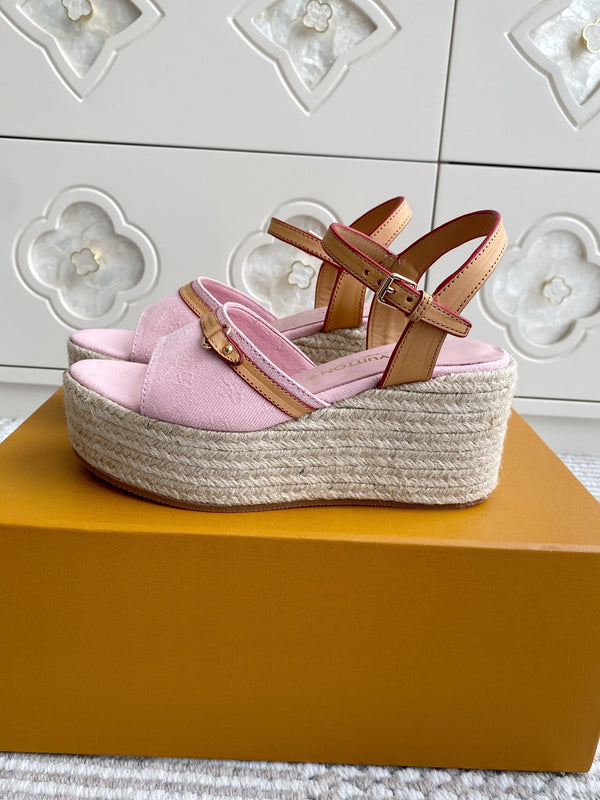 LV Pink Denim Wedge Sandals 7.5cm Pink Sheepskin Lining 291581