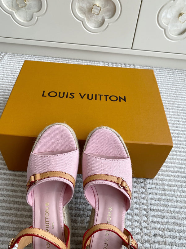 LV Pink Denim Wedge Sandals 7.5cm Pink Sheepskin Lining 291581