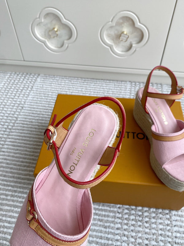 LV Pink Denim Wedge Sandals 7.5cm Pink Sheepskin Lining 291581