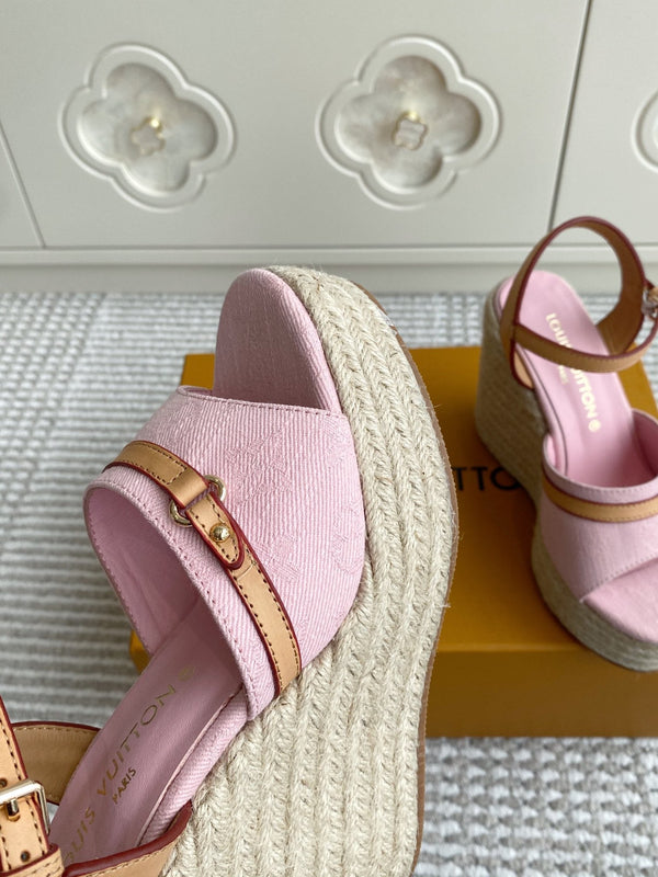 LV Pink Denim Wedge Sandals 11.5cm Pink Sheepskin Lining 291582