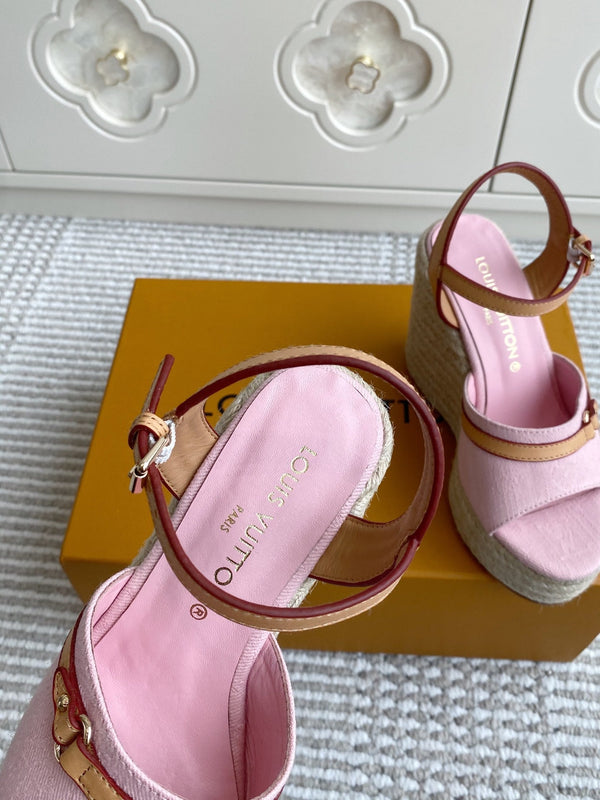 LV Pink Denim Wedge Sandals 11.5cm Pink Sheepskin Lining 291582