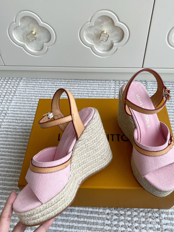 LV Pink Denim Wedge Sandals 11.5cm Pink Sheepskin Lining 291582