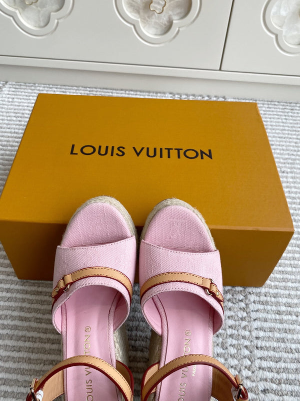 LV Pink Denim Wedge Sandals 11.5cm Pink Sheepskin Lining 291582