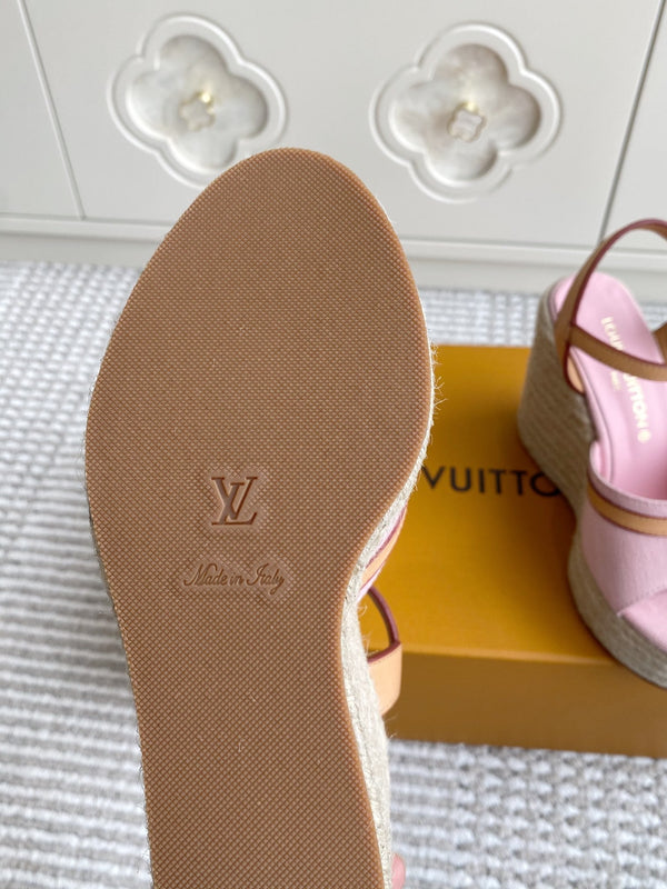 LV Pink Denim Wedge Sandals 11.5cm Pink Sheepskin Lining 291582