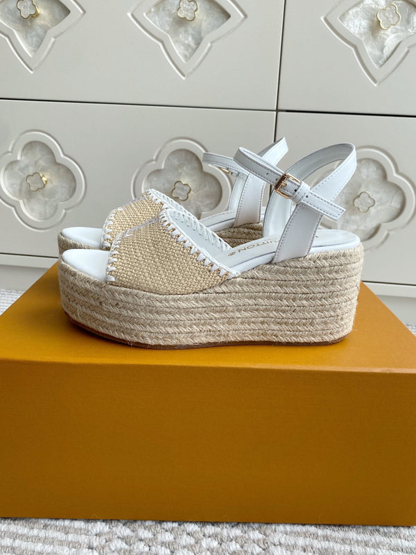 Sandali con zeppa in rafia beige LV, 7,5 cm, fodera bianca in pelle 291583