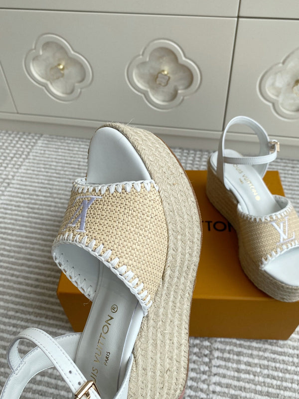 Sandali con zeppa in rafia beige LV, 7,5 cm, fodera bianca in pelle 291583