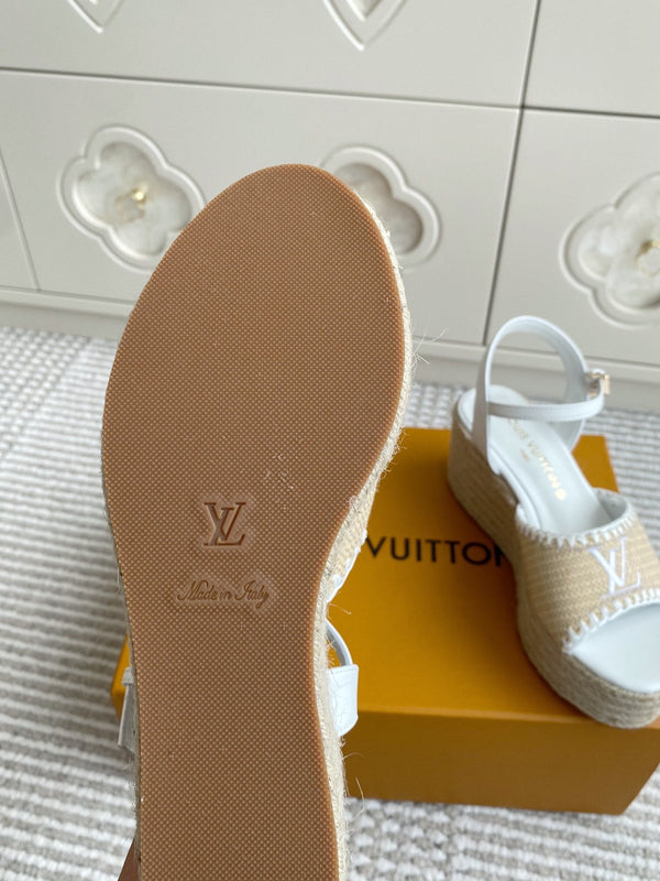 Sandali con zeppa in rafia beige LV, 7,5 cm, fodera bianca in pelle 291583