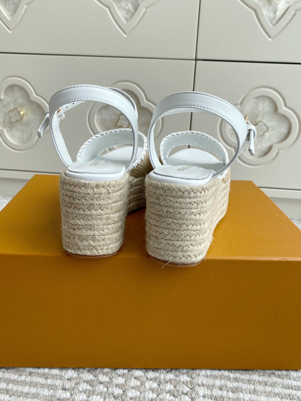 Sandali con zeppa in rafia beige LV, 7,5 cm, fodera bianca in pelle 291583