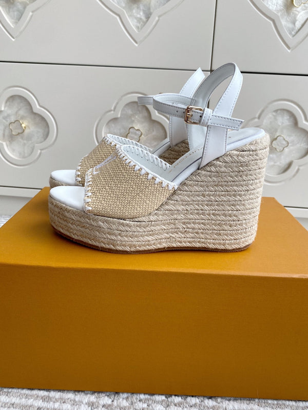 Sandali con zeppa in rafia beige LV, 11,5 cm, fodera bianca in pelle 291584