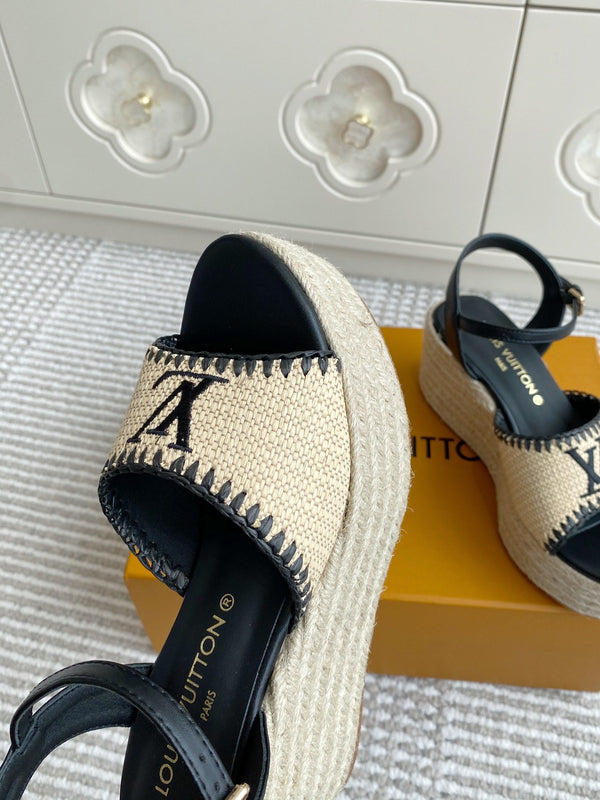 LV Beige·Raffia Straw Wedge Sandals 7.5cm Black Lining Leather 291585