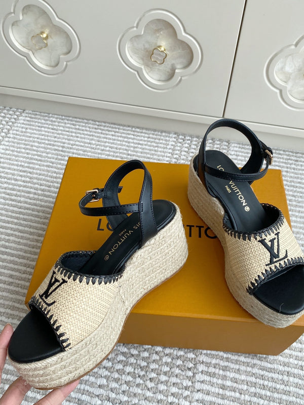 LV Beige·Raffia Straw Wedge Sandals 7.5cm Black Lining Leather 291585