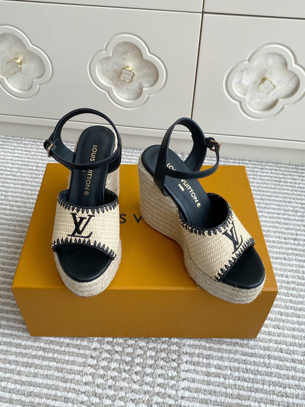 Sandali con zeppa in rafia beige LV, 11,5 cm, fodera in pelle nera 291586