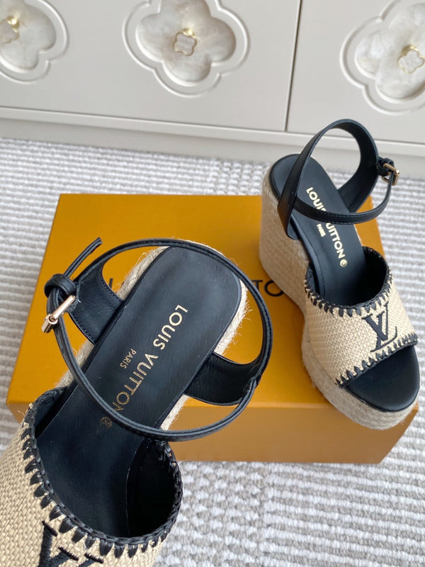 Sandali con zeppa in rafia beige LV, 11,5 cm, fodera in pelle nera 291586