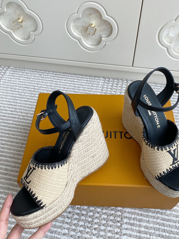 Sandali con zeppa in rafia beige LV, 11,5 cm, fodera in pelle nera 291586