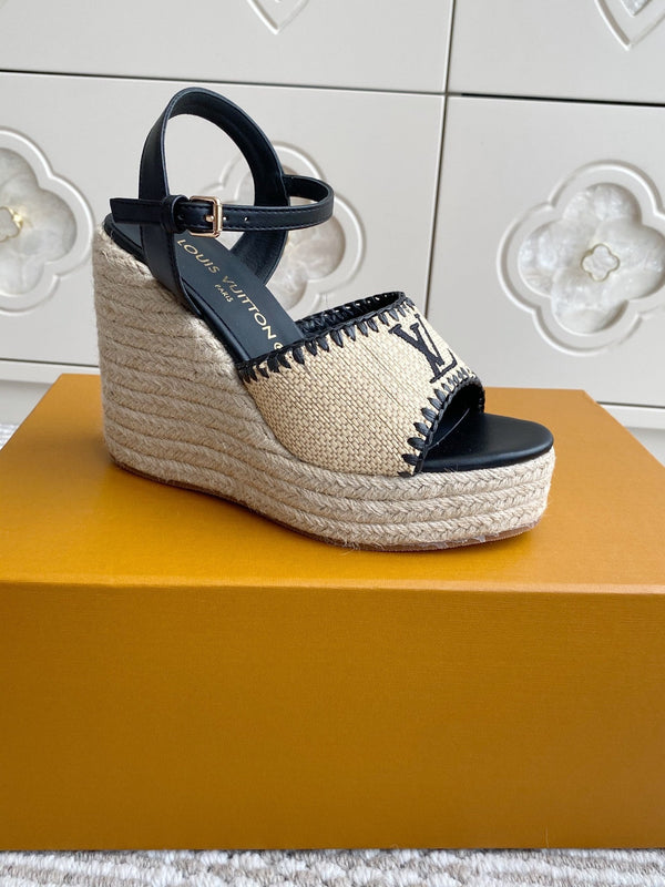 Sandali con zeppa in rafia beige LV, 11,5 cm, fodera in pelle nera 291586