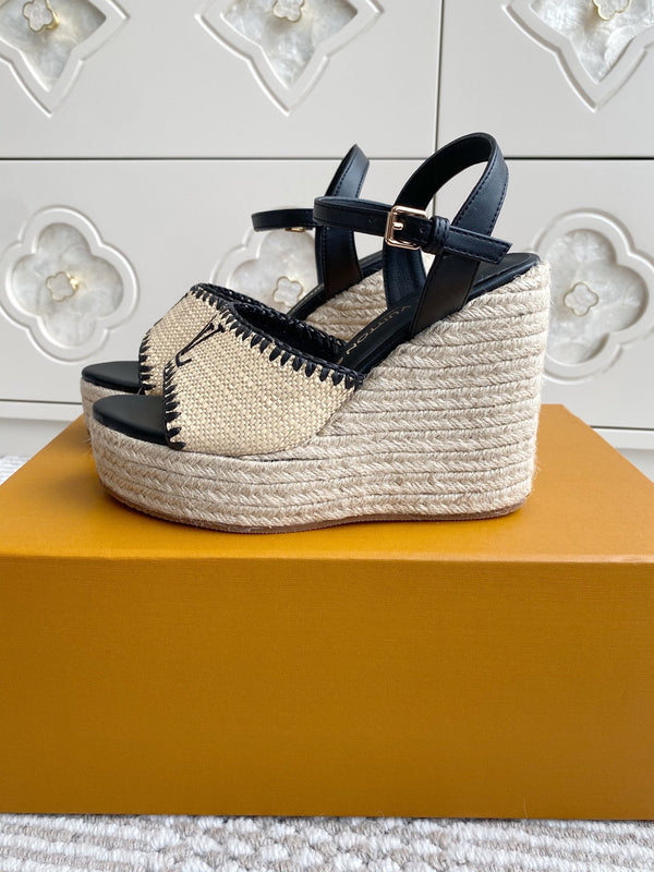 Sandali con zeppa in rafia beige LV, 11,5 cm, fodera in pelle nera 291586