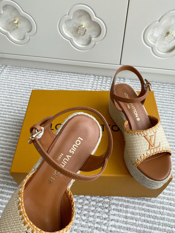Sandali con zeppa in rafia beige LV, 7,5 cm, fodera in pelle dorata, 291587