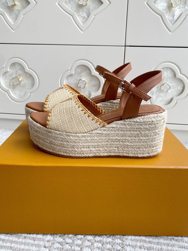 Sandali con zeppa in rafia beige LV, 7,5 cm, fodera in pelle dorata, 291587
