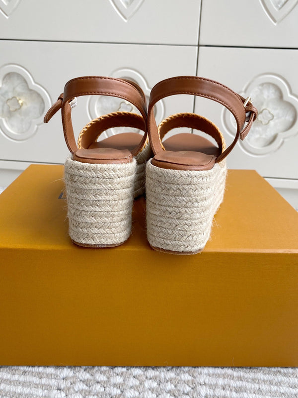 Sandali con zeppa in rafia beige LV, 7,5 cm, fodera in pelle dorata, 291587