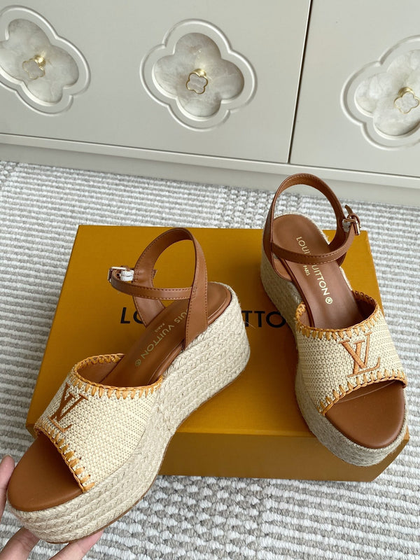 Sandali con zeppa in rafia beige LV, 7,5 cm, fodera in pelle dorata, 291587