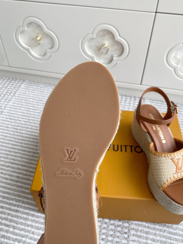 Sandali con zeppa in rafia beige LV, 7,5 cm, fodera in pelle dorata, 291587