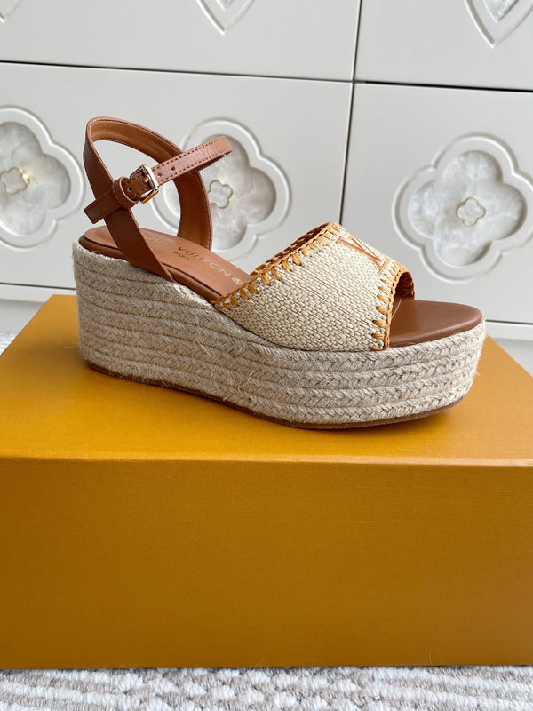 Sandali con zeppa in rafia beige LV, 7,5 cm, fodera in pelle dorata, 291587