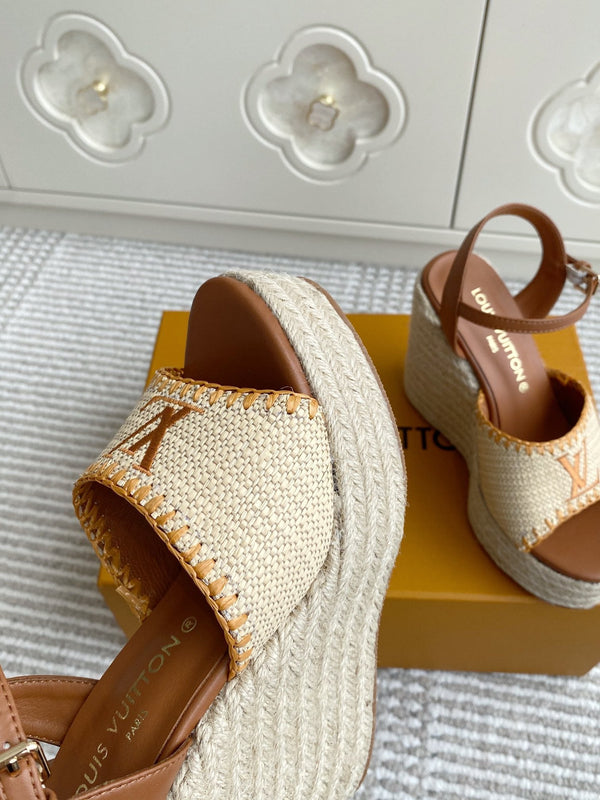 Sandali con zeppa in rafia beige LV, 11,5 cm, fodera in pelle dorata, 291588