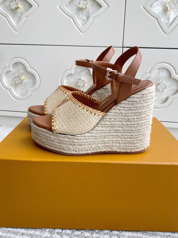 Sandali con zeppa in rafia beige LV, 11,5 cm, fodera in pelle dorata, 291588
