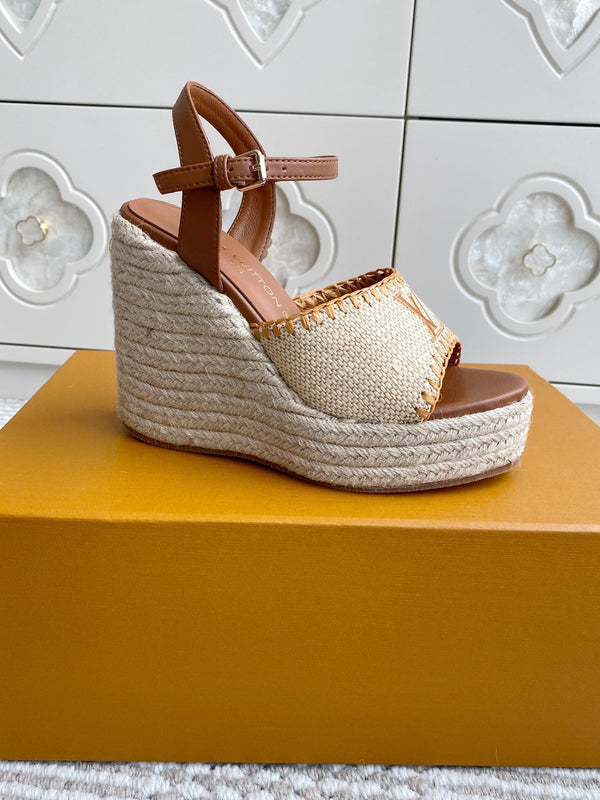Sandali con zeppa in rafia beige LV, 11,5 cm, fodera in pelle dorata, 291588