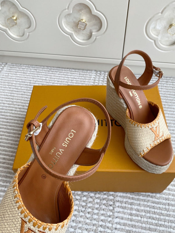 Sandali con zeppa in rafia beige LV, 11,5 cm, fodera in pelle dorata, 291588