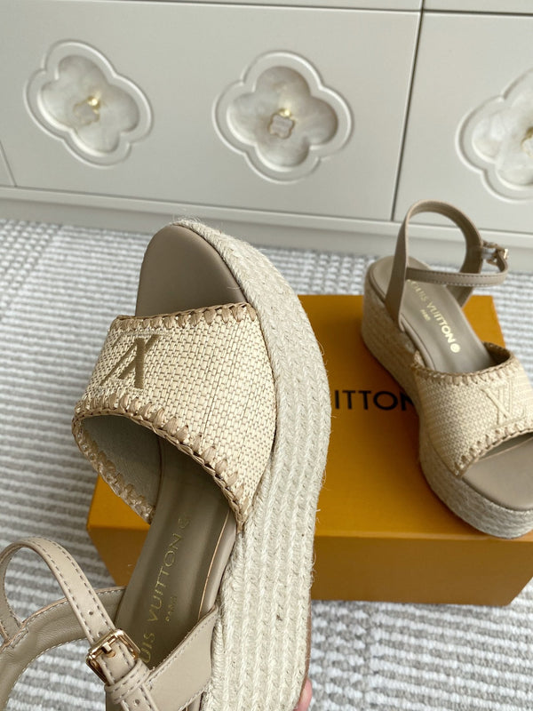 Sandali con zeppa in rafia beige LV, 7,5 cm, fodera in pelle marrone chiaro, 291589