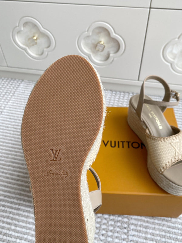 Sandali con zeppa in rafia beige LV, 7,5 cm, fodera in pelle marrone chiaro, 291589