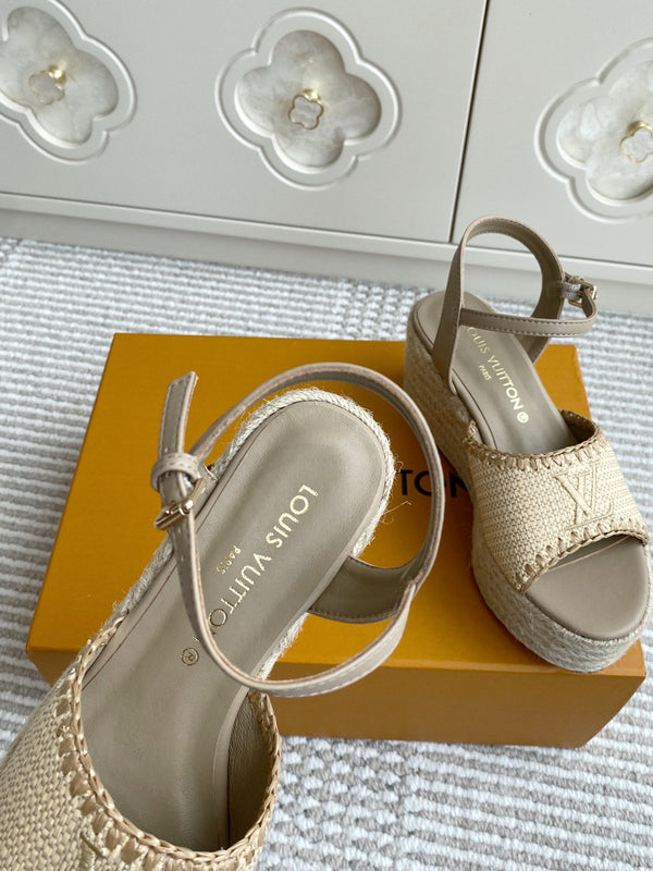 Sandali con zeppa in rafia beige LV, 7,5 cm, fodera in pelle marrone chiaro, 291589