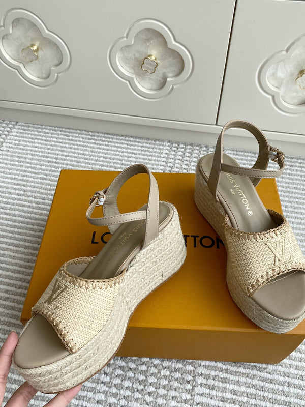 Sandali con zeppa in rafia beige LV, 7,5 cm, fodera in pelle marrone chiaro, 291589