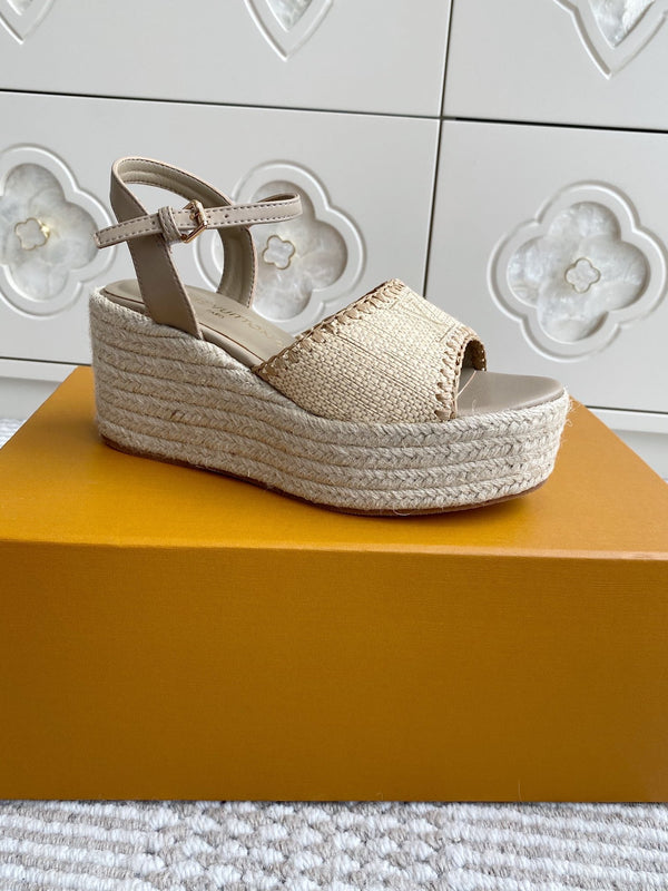 Sandali con zeppa in rafia beige LV, 7,5 cm, fodera in pelle marrone chiaro, 291589