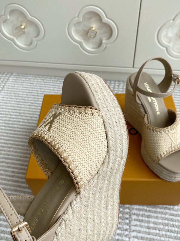 Sandali con zeppa in rafia beige LV, 11,5 cm, fodera in pelle marrone chiaro, 291590