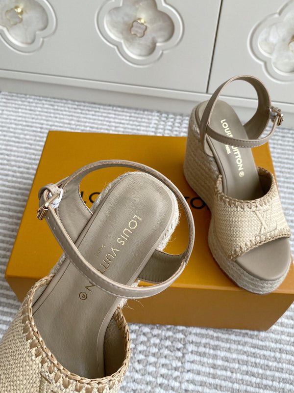 Sandali con zeppa in rafia beige LV, 11,5 cm, fodera in pelle marrone chiaro, 291590