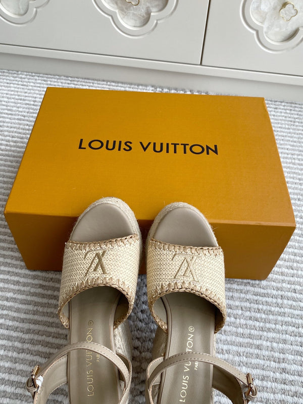 Sandali con zeppa in rafia beige LV, 11,5 cm, fodera in pelle marrone chiaro, 291590