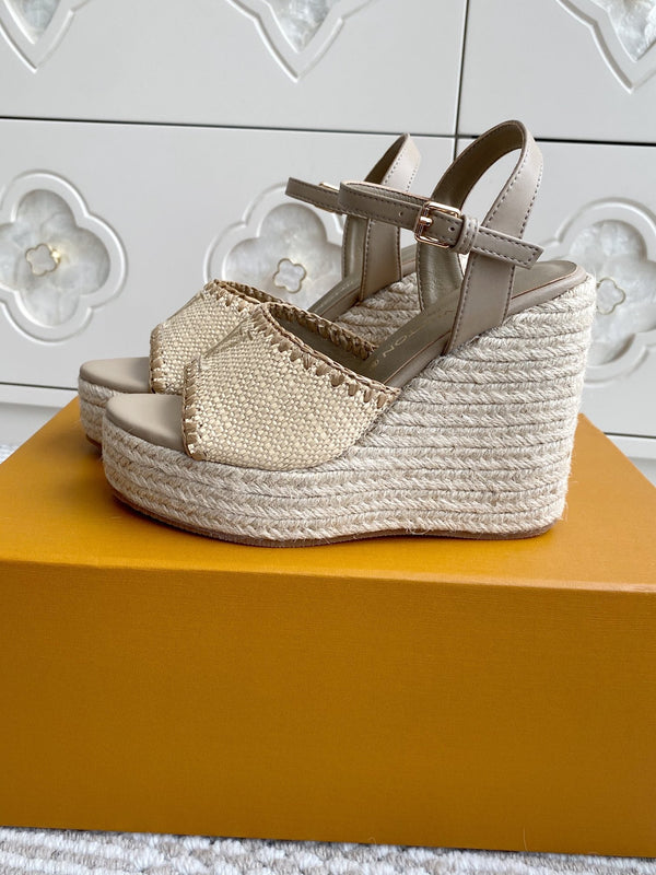 Sandali con zeppa in rafia beige LV, 11,5 cm, fodera in pelle marrone chiaro, 291590