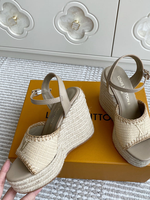 Sandali con zeppa in rafia beige LV, 11,5 cm, fodera in pelle marrone chiaro, 291590