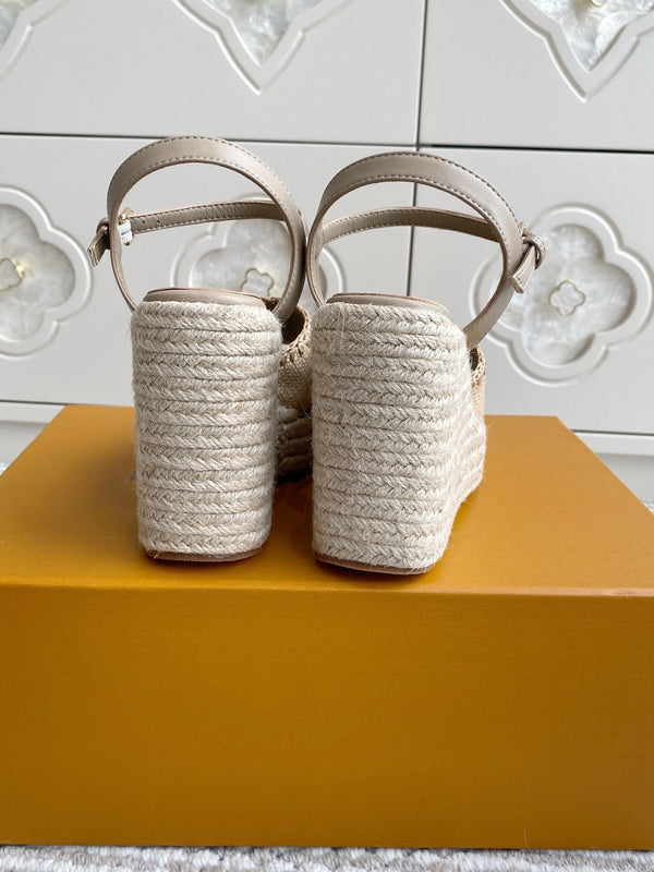 Sandali con zeppa in rafia beige LV, 11,5 cm, fodera in pelle marrone chiaro, 291590