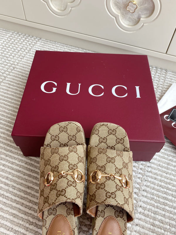 GC 25 Wedge With Horsebit Sandal Beige and Dark Brown Canvas 291029