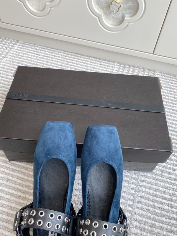 Alaia 25 Biker Ballet Flats Blue Suede 291056