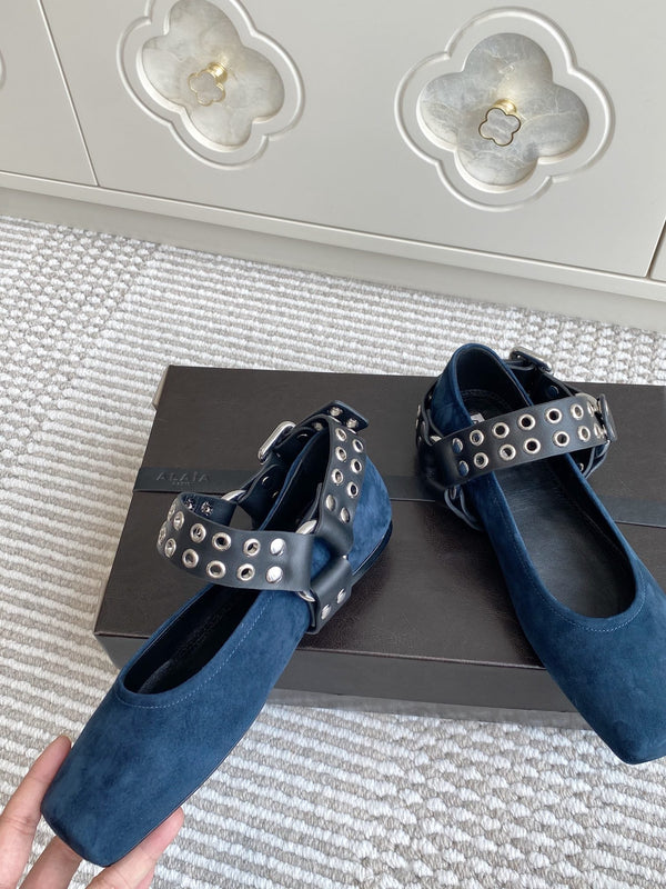 Alaia 25 Biker Ballet Flats Blue Suede 291056