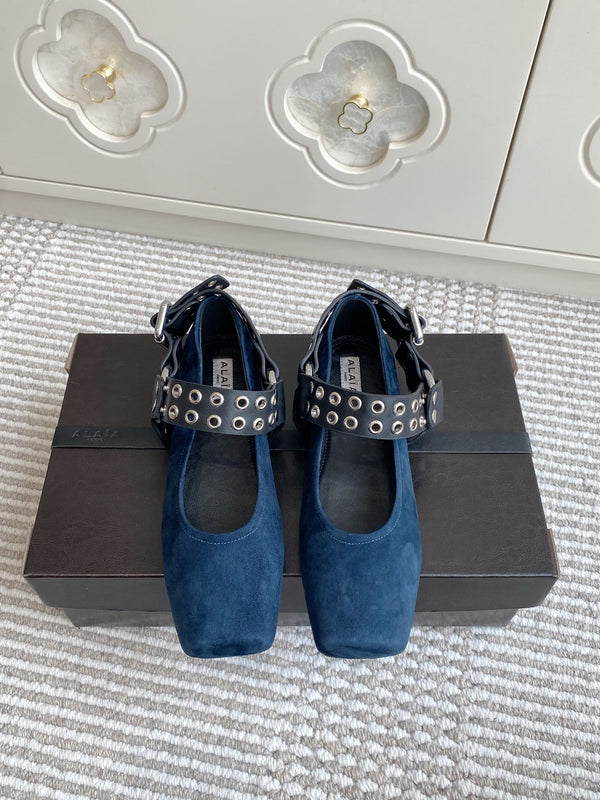 Alaia 25 Biker Ballet Flats Blue Suede 291056