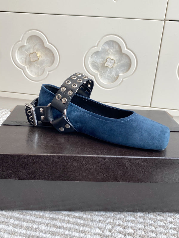 Alaia 25 Biker Ballet Flats Blue Suede 291056