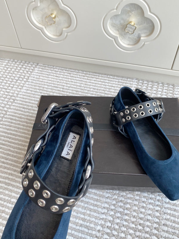 Alaia 25 Biker Ballet Flats Blue Suede 291056