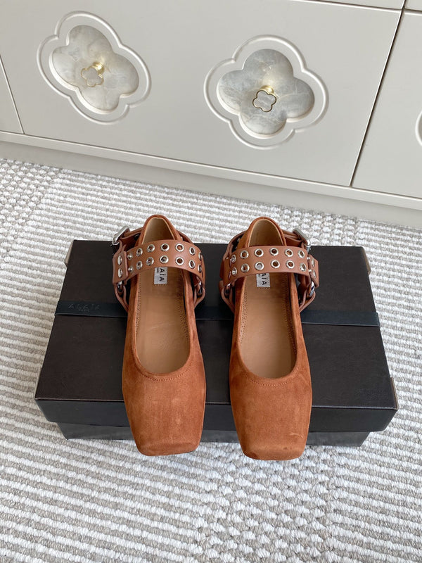 Alaia 25 Biker Ballet Flats Brown Suede 291057