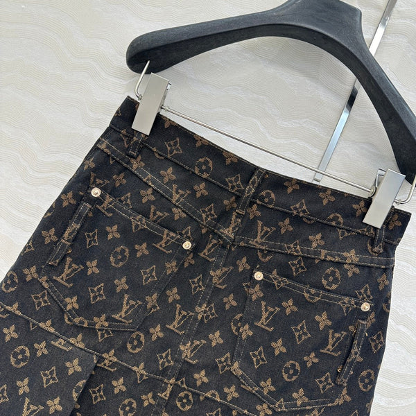 LV 25 Classic Logo Denim Skirt Black Cotton